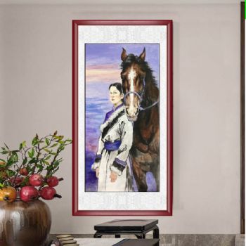 牵马的女人手绘人物国画纯手绘美女仕女国画客厅酒店国画实木外框