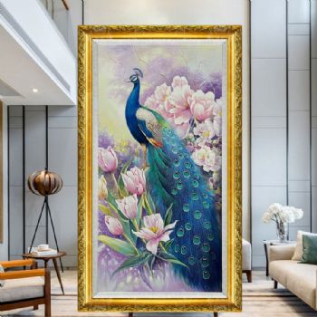 精品手绘白玉兰花孔雀油画玄关写实孔雀幸福吉祥实木外框