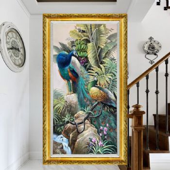 石头芭蕉上孔雀图精品手绘动物油画玄关写实孔雀幸福吉祥实木外框