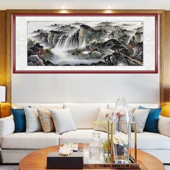 山水人家纯手绘客厅山水风景国画水墨山水画小六尺山水画实木外框