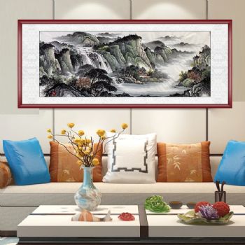 山水聚宝盆纯手绘客厅水墨山水国画小六尺山水画实木外框