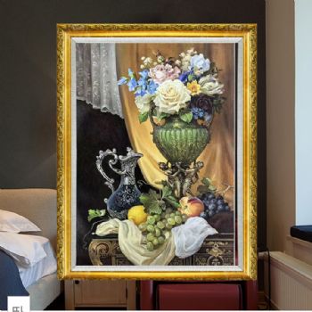 精品写实欧式花瓶花卉油画纯手绘油画古典花卉餐厅挂画实木外框