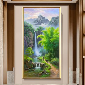 Pure hand drawn new Chinese style entrance bamboo forest landscape oil painting, bamboo newspaper, safety, solid wood frame