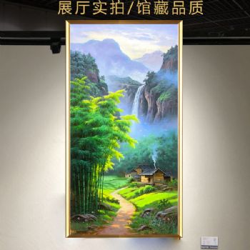 Waterfalls, flowing water, homes, bamboo forest scenery, oil painting, pure hand-painted oil painting, solid wood frame painting
