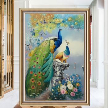 高品质新中式孔雀油画纯手绘油画玄关动物油画PS环保外框
