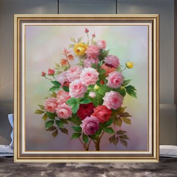 精品手绘花卉油画作品粉红色的玫瑰花客厅卧室油画PS环保外框