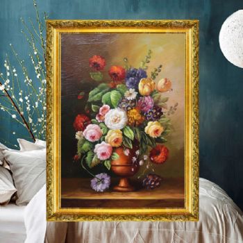 独家裂纹麻布油画 纯手绘手工 花朵盘景D 线条框