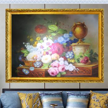 独家裂纹麻布油画 欧式油画 纯手绘手工 花卉盘景 线条框