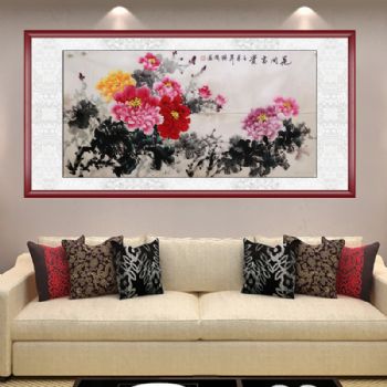 手绘 手工 花开富贵 国画牡丹 典雅红褐实木框