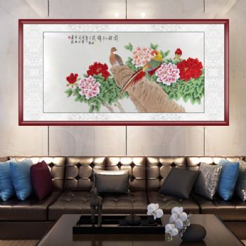 花鸟画 工笔画 前程似锦 典雅红褐实木框 手绘 手工 国画牡丹