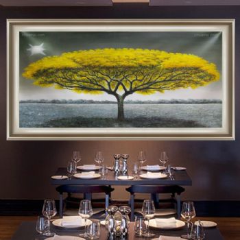 纯手绘手工 风景油画 黄金树 线条框