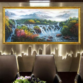 风景油画，有山，有水，有树，聚宝盆 线条框