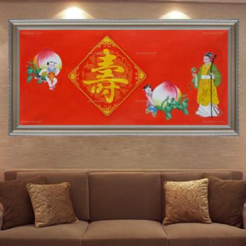 纯手绘手工 中式油画 寿星与寿桃 线条框