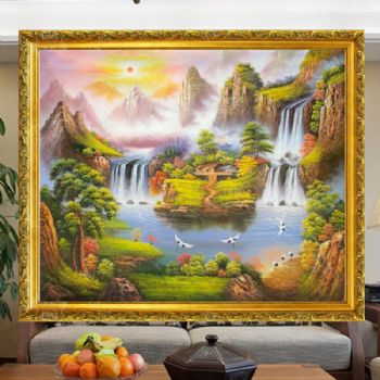 风水油画 聚宝盆 青松 白鹤 瀑布 木屋 纯手绘手工 线条框