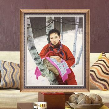 纯手绘手工 人物油画 静静的白桦林 女孩 纯朴 线条框