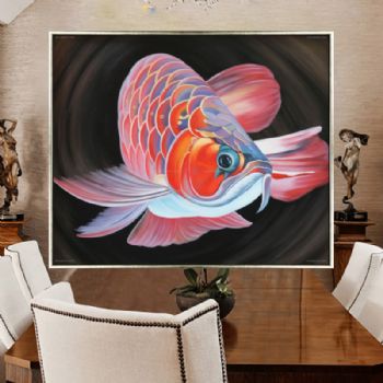 纯手绘手工 写实油画 龙鱼 线条框 家庭挂画 酒店挂画 办公室挂画