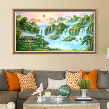 风水油画 聚宝盆 青松 白鹤 瀑布 木屋 纯手绘手工 线条框