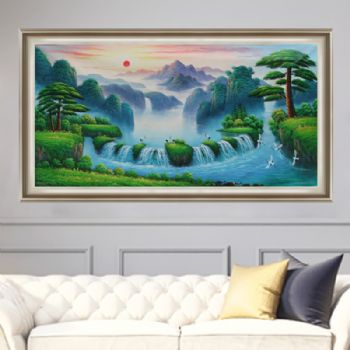 风水油画 聚宝盆 青松 白鹤 瀑布 纯手绘手工 线条框