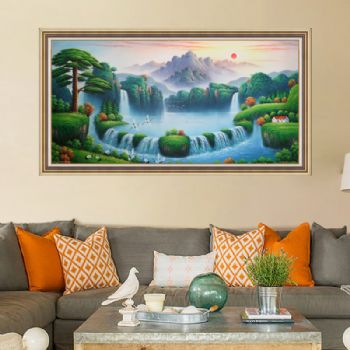 风水油画 聚宝盆 青松 白鹤 瀑布 木屋 纯手绘手工 线条框