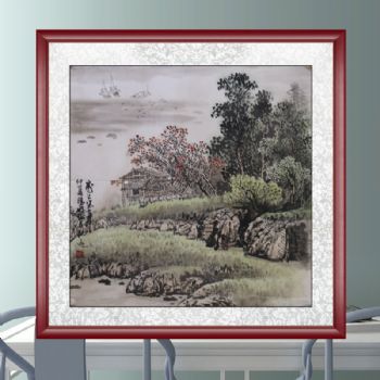 手绘 山水画 国画 山居图 典雅红褐实木框