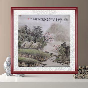 手绘山水画 国画 山居图 典雅红褐实木框