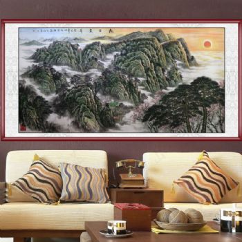 山水画 手绘 手工 国画 山水国画 旭日东升 泰山 日出 典雅红褐实木框