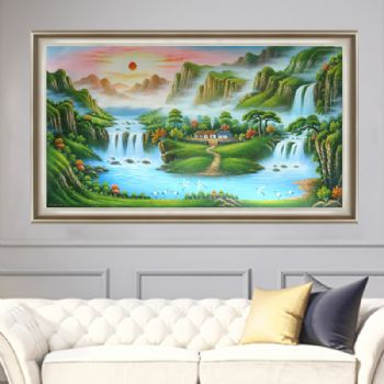 风水油画 聚宝盆 青松 白鹤 瀑布 木屋 纯手绘手工 线条框