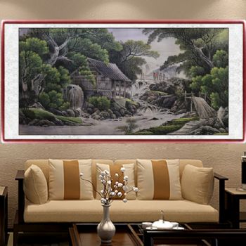 手绘 山水画 国画 小桥 流水 人家  典雅红褐实木框