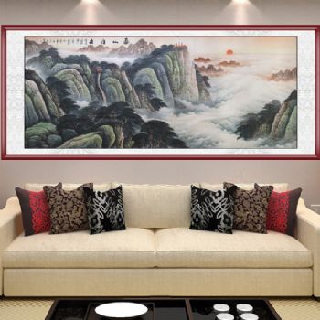 家庭挂画 酒店挂画 山水画 企业挂画 手绘 手工 国画 泰山日出 典雅红褐实木框
