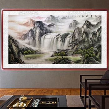 手绘 手工 国画 源远长流 典雅红褐实木框 山水画