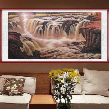 家庭挂画 酒店挂画 山水画 企业挂画 龙啸 手绘 手工 国画 典雅红褐实木框