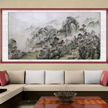 山水画 国画 美丽山林风景图 典雅红褐实木框