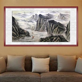 江山多娇 纯手绘手工 国画 典雅红褐实木框 手绘 手工 山水画 国画中式家具挂画