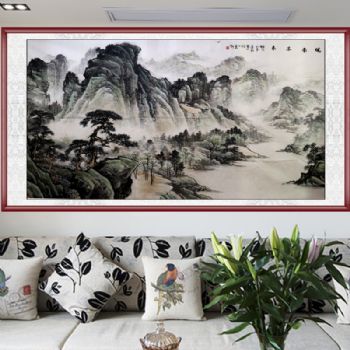 皖南早春 手绘山水画 手工 国画 典雅红褐实木框