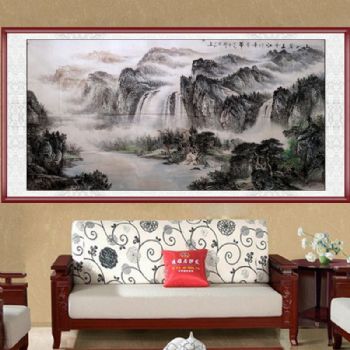 山水画 山如碧玉 手绘 手工 国画 典雅红褐实木框