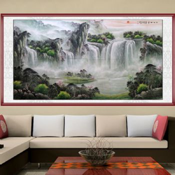 家庭挂画 酒店挂画 企业挂画山水画 著名艺术家洪飞 手绘 手工 国画 江山如画 典雅红褐实木框