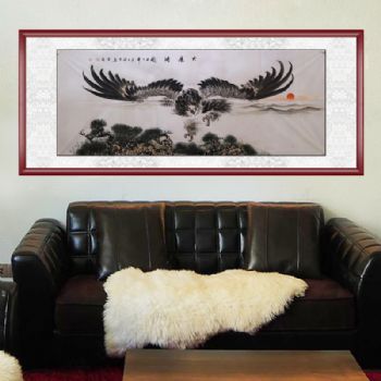 手绘 手工 大展鸿图 雄鹰展翅 国画 典雅红褐实木框