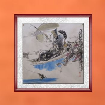 手绘 手工 人物画 老者垂钓 典雅红褐实木框