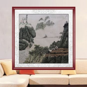 游于青山竹林间 山水画 国画 典雅红褐实木框