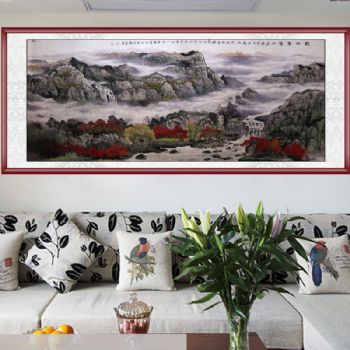 山水画 著名画家 手绘 手工 秋山胜境山居幽境  国画 典雅红褐实木框