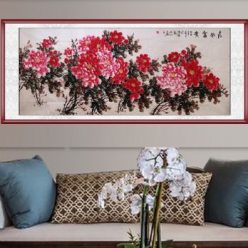 手绘 手工 花开富贵 国画牡丹 典雅红褐实木框