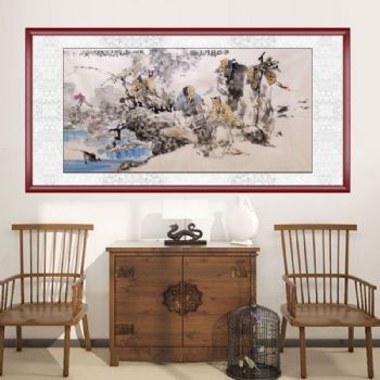 手绘 人物画 国画 老者 小孩 教育 垂钓 典雅红褐实木框