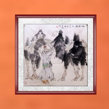 手绘 动物画 国画 骆驼 典雅红褐实木框