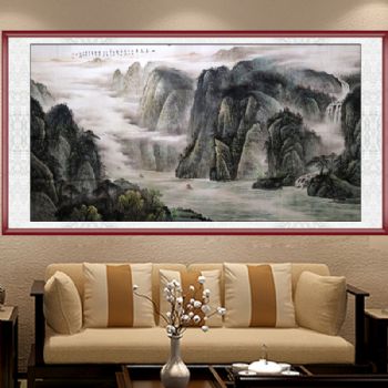 家庭挂画 酒店挂画 山水画 企业挂画 著名艺术家洪飞 手绘 手工 国画 源远长流 典雅红褐实木框