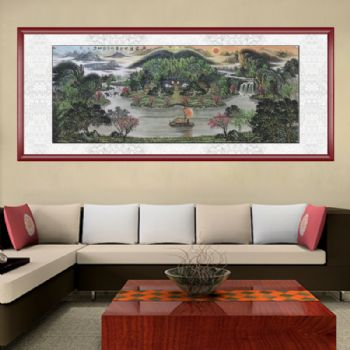 手绘 手工 国画 山水画聚宝盆 典雅红褐实木框