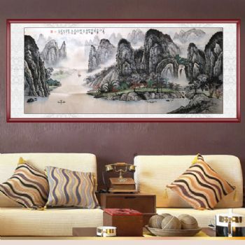 手绘 手工 国画 青山绿水一帆风顺 典雅红褐实木框 山水画