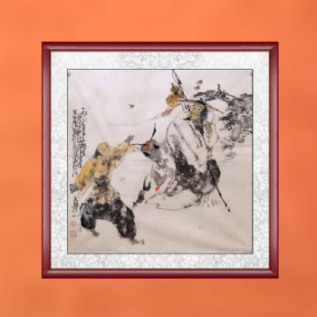 手绘 人物画 国画 毛驴 老者 小孩 典雅红褐实木框