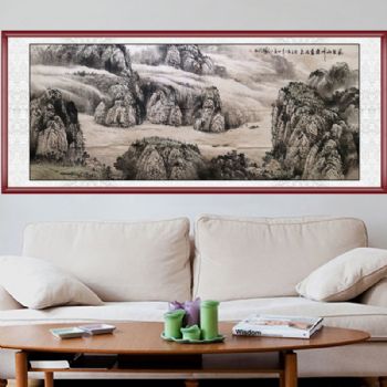 山水画 手绘 手工 国画 万里山川源远长流 典雅红褐实木框