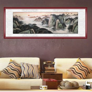 手绘 手工 国画 山水画 旭日东升 泰山 日出 典雅红褐实木框