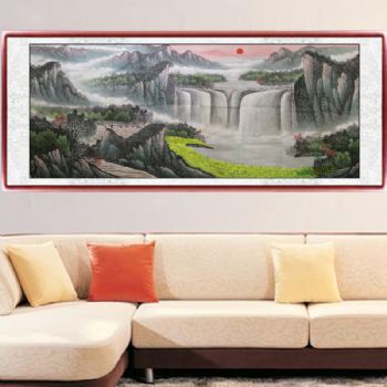 手绘 山水画 国画 旭日东升源远长流 典雅红褐实木框